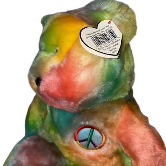 Ty Beanie Buddies Collection Peace Bear Plush 1999 14” Tie Dye Smoke-Free Home - Picture 3 of 13